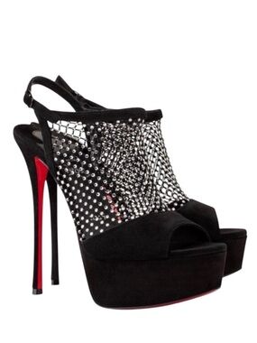 NEW CHRISTIAN LOUBOUTIN Black Suede Plougesta Alta Strass 150 Platform Sandal 39
